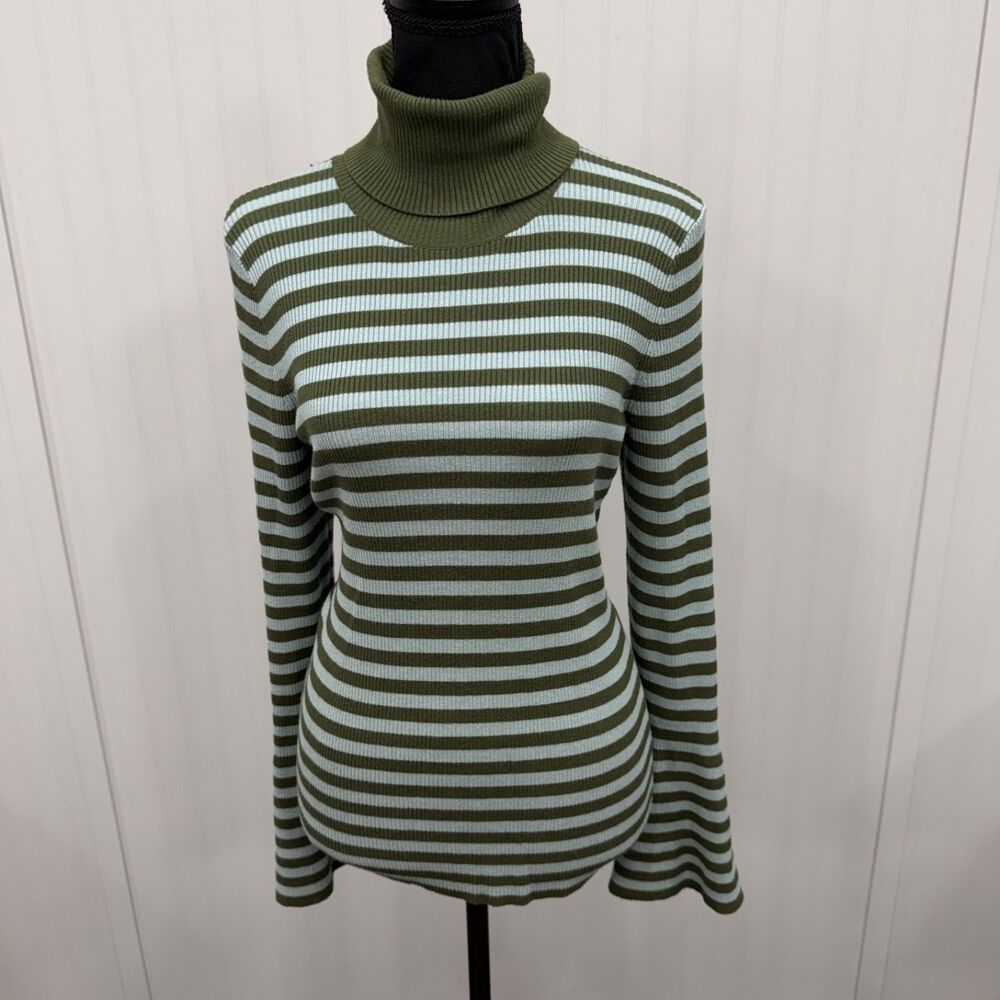 Moth Anthropologie Women's Med Green Blue Striped Turtleneck Bell Sleeve Sweater